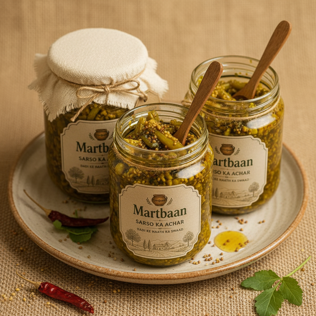 Several open jars of Martbaan Sarso Ka Achar, a mustard oil pickle, on a warm, earthy ceramic plate with a serving spoon.